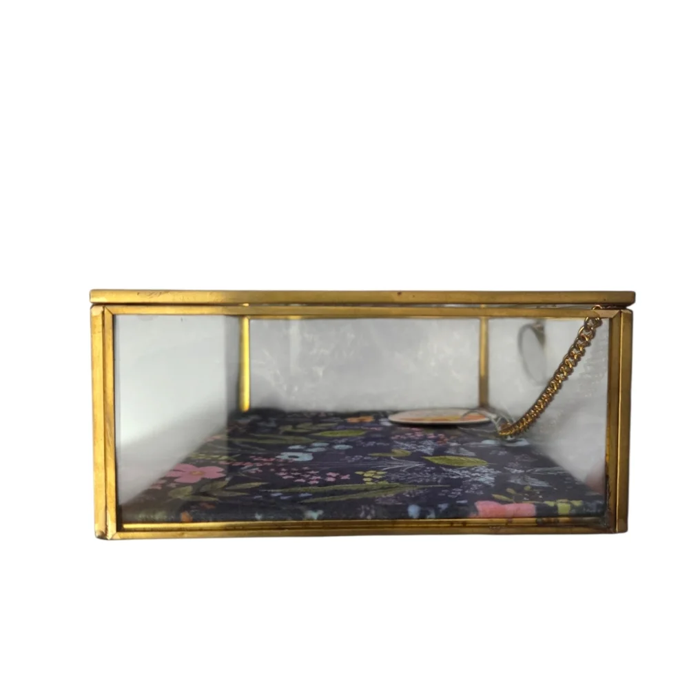 C&C California - NEW Floral Glass Jewelry Box Trinket Box w/Patina Gold Frame